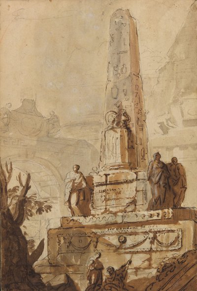 Obelisco egizio in un paesaggio con rovine, un arco e una piramide da Giovanni Niccolo Servandoni